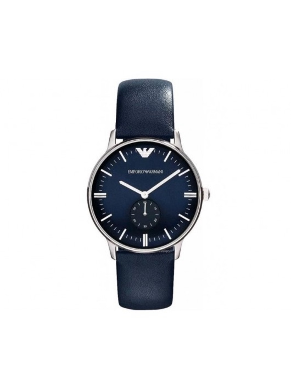 Emporio Armani analog quartz dial leather strap watch in blue silver NIB